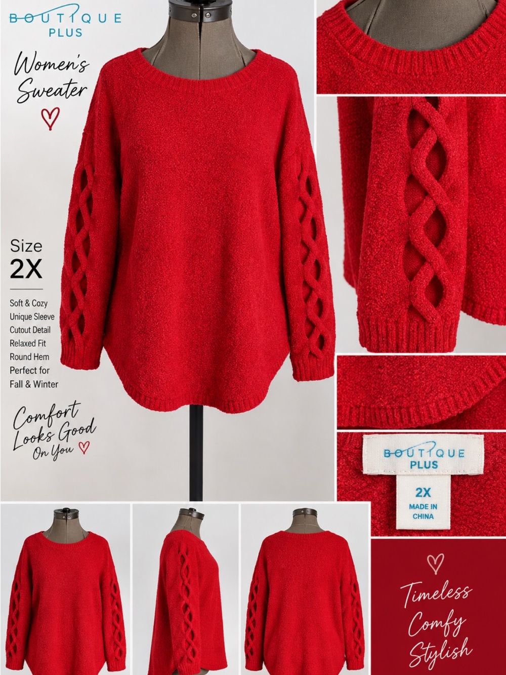 Boutique Plus Red Scoop Neck Sweater with Lattice Sleeve Detail — 2X